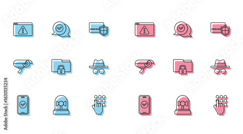 Set line Smartphone, Flasher siren, Browser with exclamation mark, Password protection, Folder and lock, Incognito mode, Security camera and Check in speech bubble icon. Vector