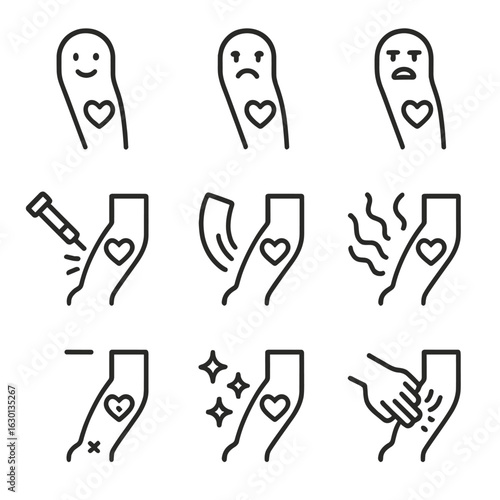 Tattoo Pain Level Icons. Outline icon set of tattoo pain levels: mild, moderate, intense, needle prick, soreness, swelling,