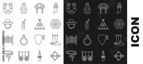 Set line Bow and arrow in quiver, Cowboy boot, Revolver cylinder, Indian headdress with feathers, Dynamite bomb, Western cowboy hat, Horseshoe and teepee wigwam icon. Vector