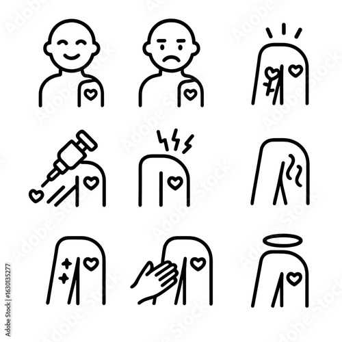 Tattoo Pain Level Icons. Outline icon set of tattoo pain levels: mild, moderate, intense, needle prick, soreness, swelling,