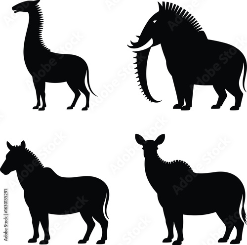 Four prehistoric animal silhouettes on white prehistoric animals black