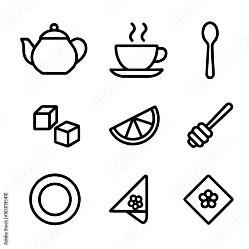 Tea Service Icons. Outline icon set of tea service: filled teapot, steaming cup, saucer underneath, teaspoon, sugar cubes, lemon