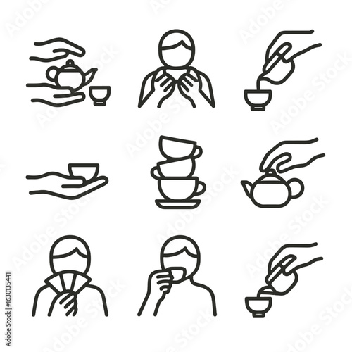 Tea Rituals Icons. Outline icon set of tea rituals: serving tea, holding teacup with two hands, pouring with precision, offering