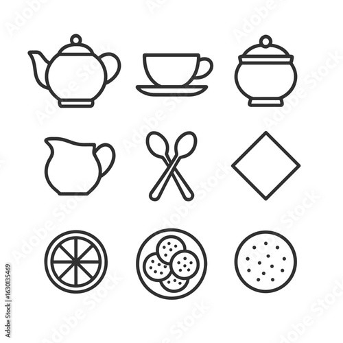Tea Time Icons. Outline icon set of tea time essentials: teapot, teacup, saucer, sugar bowl, cream pitcher, teaspoons, napkin,