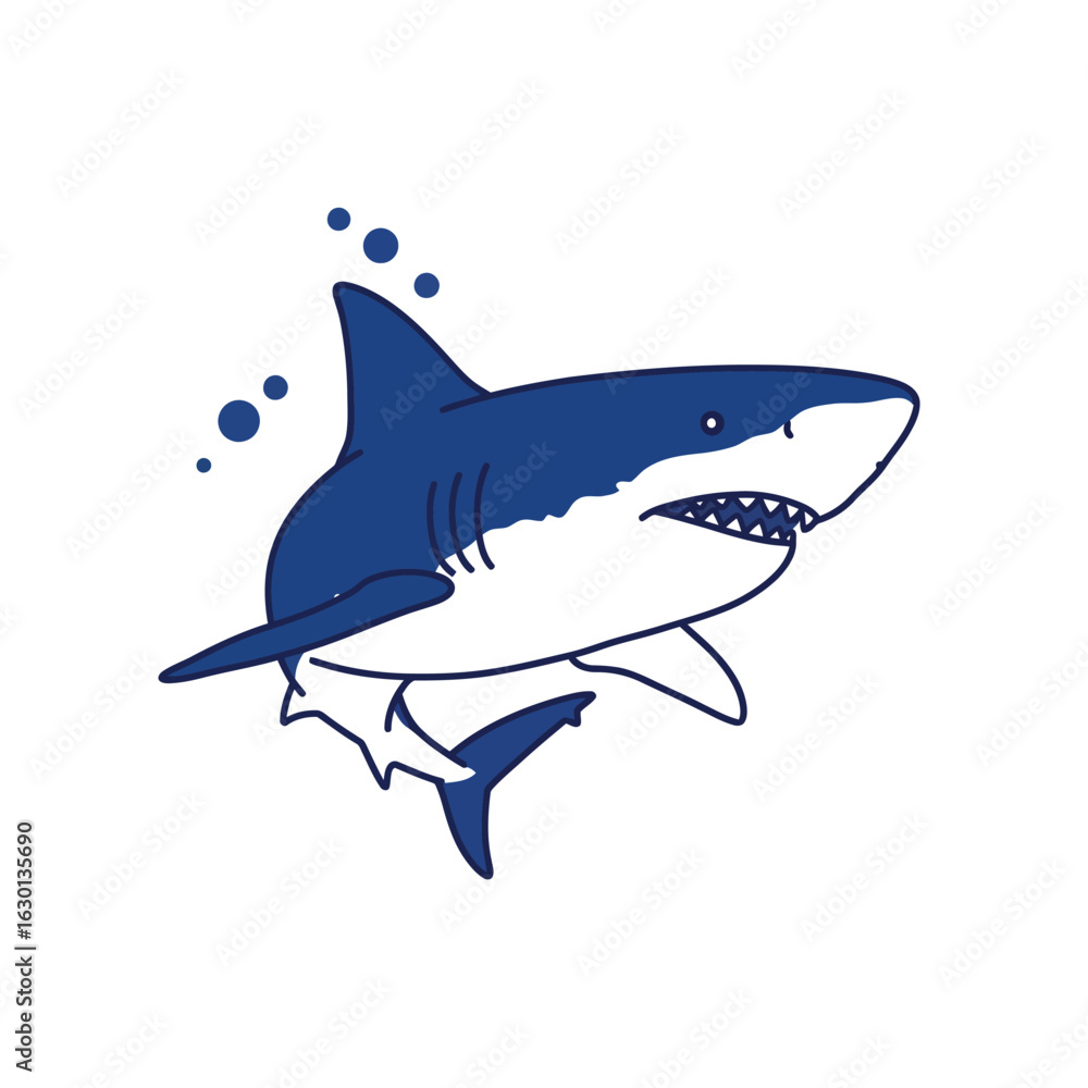 Fototapeta premium Illustration of a shark isolated on white background, a marine predator with sharp teeth, swimming in the ocean, a dangerous and powerful sea animal