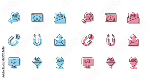 Set line Dislike in speech bubble, Lead management, Advertising, Magnet, Mail and e-mail, with money and Website statistic icon. Vector