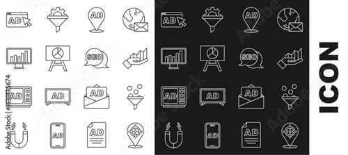 Set line Target, Lead management, Pie chart infographic, Advertising, Board with, Monitor, and SEO optimization icon. Vector