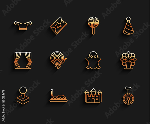 Set line Joystick for arcade machine, Bumper car, Jester hat with bells, Castle, Unicycle one wheel bicycle, Classic dart board and arrow, Ferris and Ghost icon. Vector