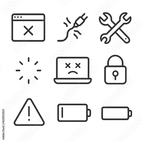 Tech Failure Icons. Outline icon set of helplessness in technology: error message, broken cable, crossed tools, disconnected plug,