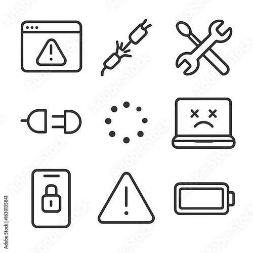 Tech Failure Icons. Outline icon set of helplessness in technology: error message, broken cable, crossed tools, disconnected plug,
