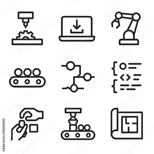Technical Steps Icons. Outline icon set of technical steps: machine step, software installation, robotic arm, conveyor belt,