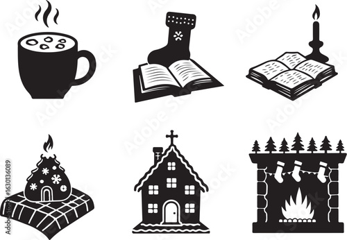 Cozy Christmas icons: hot drink, books, stocking, gingerbread house