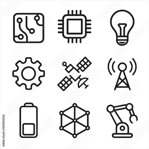 Technology Icon Set. Outline icon set of origin in technology: circuit board, microchip, light bulb, cogwheel, satellite, antenna,