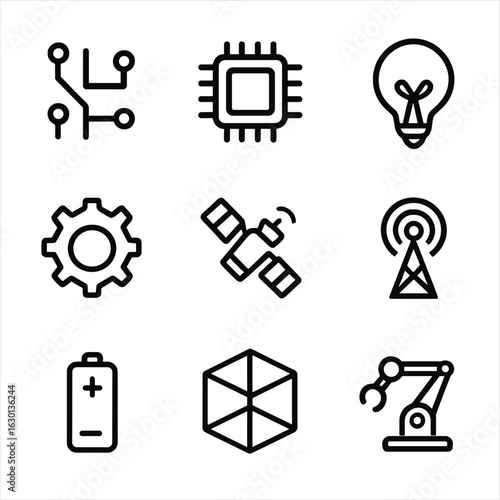 Technology Icon Set. Outline icon set of origin in technology: circuit board, microchip, light bulb, cogwheel, satellite, antenna,