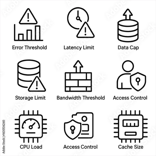 Technology and Pain Icons. Outline icon set of threshold in data and computing: error threshold, latency limit, data cap, storage