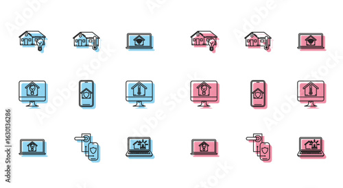 Set line Laptop with smart house and light bulb, Digital door lock wireless technology for lock, Smart, alarm, Mobile phone under protection, Computer monitor temperature, and House icon. Vector
