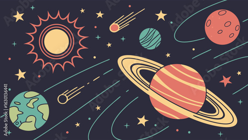 Colorful Cartoon Planets and Stars in Space.