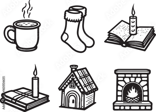 Cozy winter icons warm home comfort cozy reading fireplace