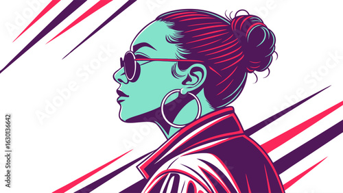 Stylish Woman Profile Sunglasses Topknot Hairdo Jacket.