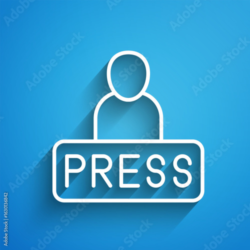 White line Journalist news reporter icon isolated on blue background. Long shadow. Vector