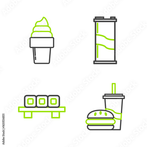 Set line Paper glass with drinking straw and burger, Sushi on cutting board, Soda can and Ice cream waffle cone icon. Vector