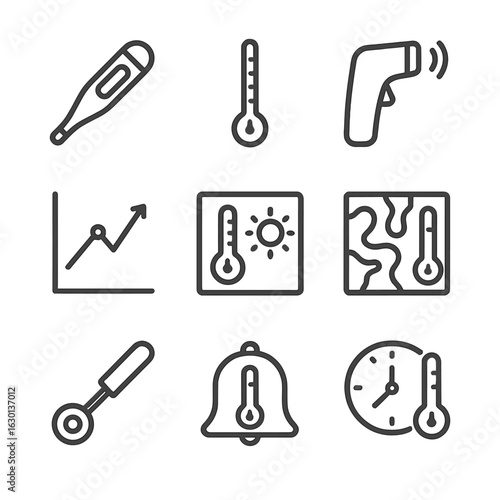 Temperature Measurement Icons. Outline icon set of temperature measurement: digital thermometer, mercury thermometer, infrared
