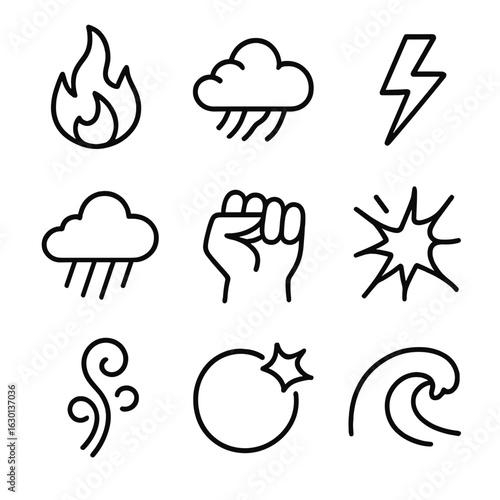 Tempestuous Emotions Icons. Outline icon set of tempestuous emotions: raging fire, rolling thunder, flashing lightning, storm