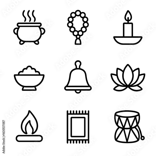 Temple Ritual Icons. Outline icon set of temple rituals: incense burner, prayer beads, candle, offering bowl, bell, lotus flower,