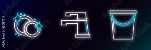 Set line Bucket, Washing dishes and Water tap icon. Glowing neon. Vector