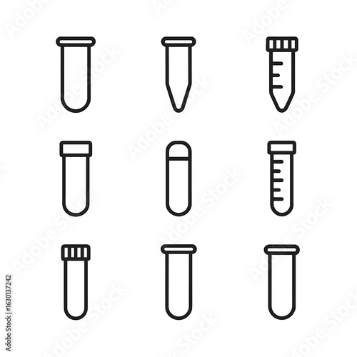 Test Tube Icons. Outline icon set of test tube types: standard test tube, conical test tube, centrifuge tube, culture tube, sealed