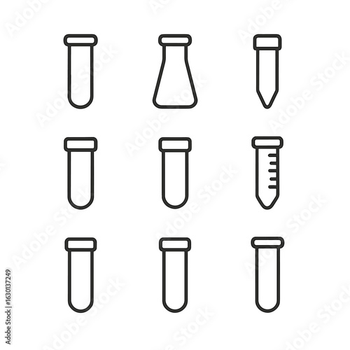 Test Tube Icons. Outline icon set of test tube types: standard test tube, conical test tube, centrifuge tube, culture tube, sealed