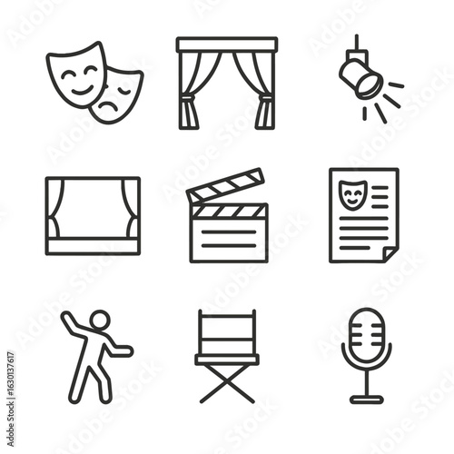 Theatrical Icon Set. Outline icon set of theatrical drama: masks comedy and tragedy, curtain, spotlight, stage, clapperboard,