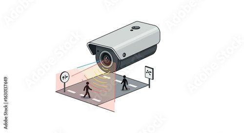 Surveillance camera monitoring pedestrian crossing in isometric style with infrared and motion detection