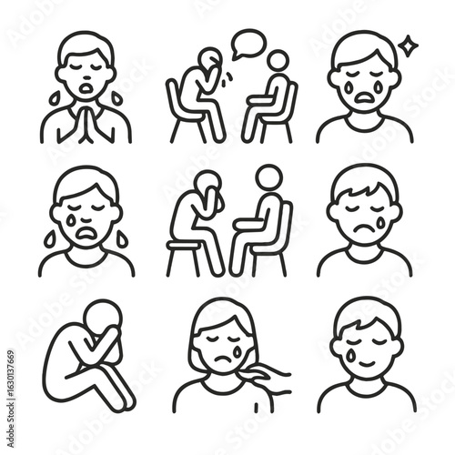 Therapeutic Cry Icons. Outline icon set of cry in therapy: emotional release, crying in therapy, healing tears, therapeutic