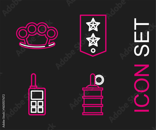 Set line Hand grenade, Walkie talkie, Chevron and Brass knuckles icon. Vector