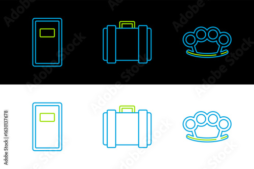Set line Brass knuckles, Police assault shield and Military ammunition box icon. Vector