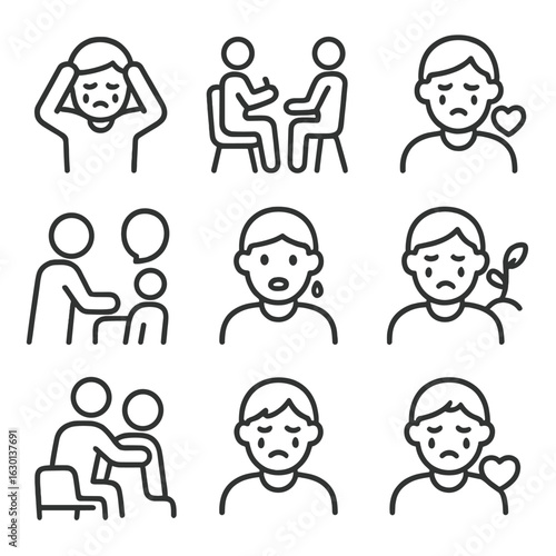 Therapeutic Cry Icons. Outline icon set of cry in therapy: emotional release, crying in therapy, healing tears, therapeutic