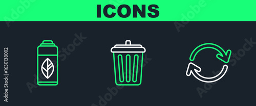 Set line Refresh, Recycling plastic bottle and Trash can icon. Vector