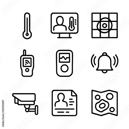 Thermal Monitoring Icons. Outline icon set of thermal monitoring: temperature gauge, thermal imaging, heat map, temperature sensor