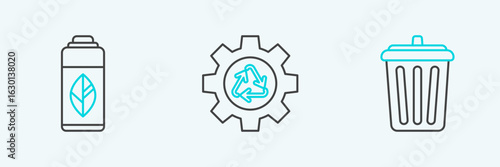 Set line Trash can, Recycling plastic bottle and Recycle symbol and gear icon. Vector