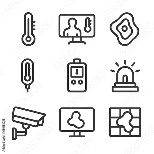 Thermal Monitoring Icons. Outline icon set of thermal monitoring: temperature gauge, thermal imaging, heat map, temperature sensor