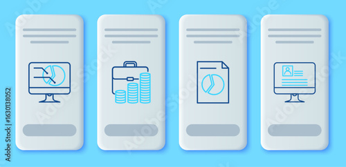 Set line Briefcase and coin, Document with graph chart, Computer monitor and resume icon. Vector