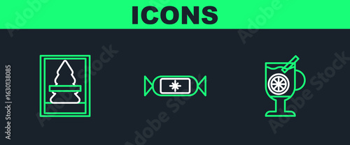 Set line Mulled wine with glass of drink, Christmas postcard and Candy icon. Vector