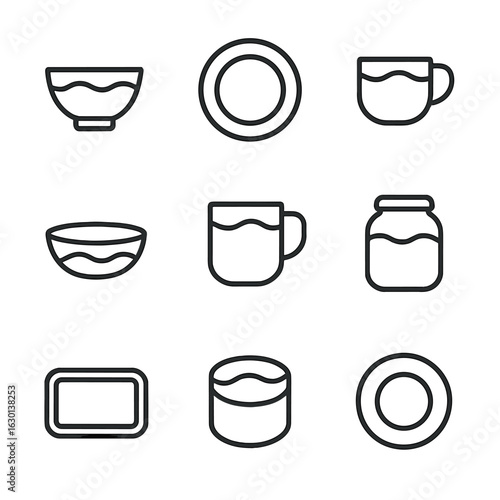 Glazed Stoneware Icons. Outline icon set of glazed stoneware: glazed bowl, glazed plate, glazed cup, glazed teapot, glazed dish,