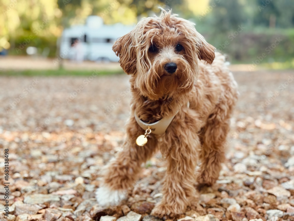 Fototapeta premium Dog Exploring Camping Area – Outdoor Pet Adventure.