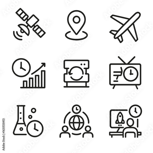 Global Communication Icons. Outline icon set of UTC applications: satellite communication, GPS signal, international flights,
