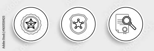Set line Document with search, Police badge and icon. Vector