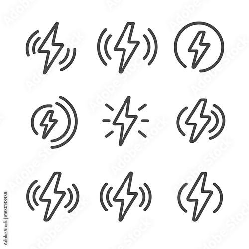 Thunder Sound Icons. Outline icon set of thunder in sound: booming noise, sonic wave, thunderclap, echo, rumble, deep roar, sudden