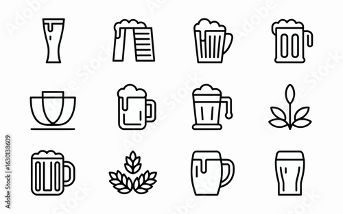 Collection of beer icons and symbols silhouette isolated on white background