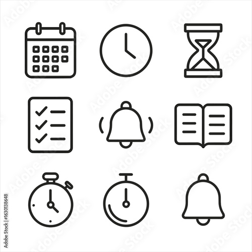 Time Management Icons. Outline icon set of discipline in time management: calendar, clock, hourglass, checklist, alarm bell,
